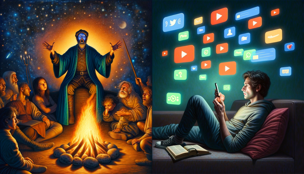 Illustration contrasting a storyteller in ancient times with a modern-day individual watching videos in his phone