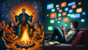 Illustration contrasting a storyteller in ancient times with a modern-day individual watching videos in his phone