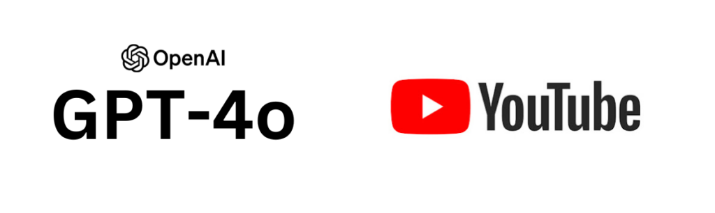 The OpenAI logo and the text 'GPT-40' positioned next to the YouTube logo, suggesting a comparison or integration between OpenAI's language model and the YouTube platform.