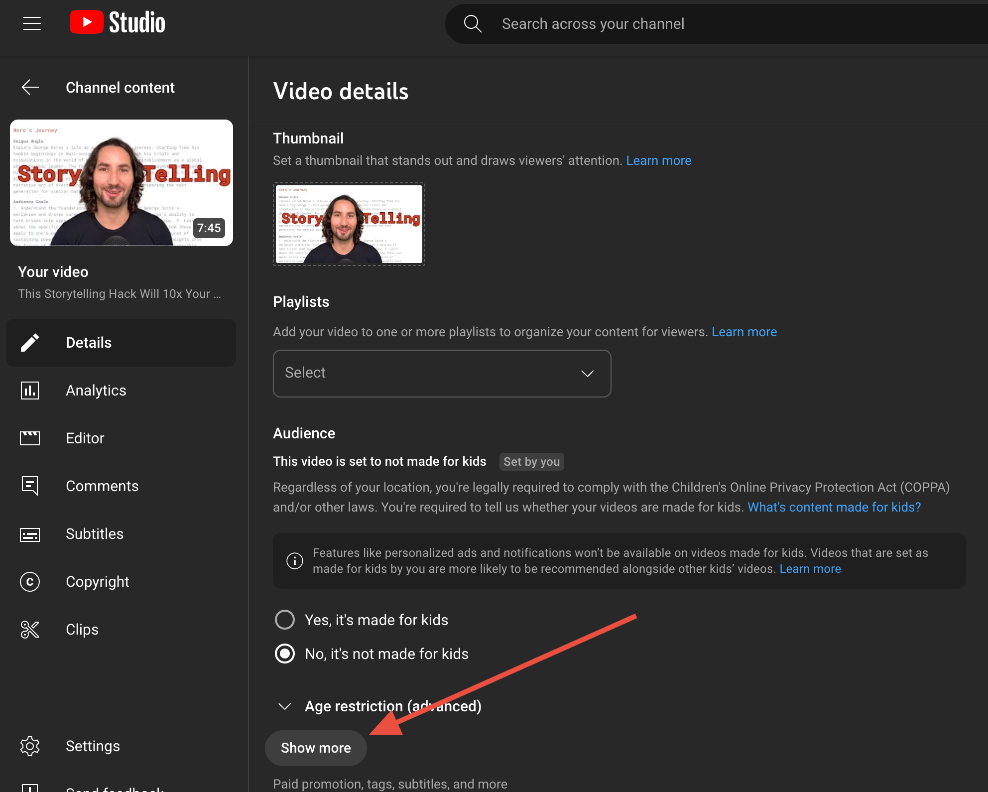 YouTube Studio interface showing the 'Show More' button