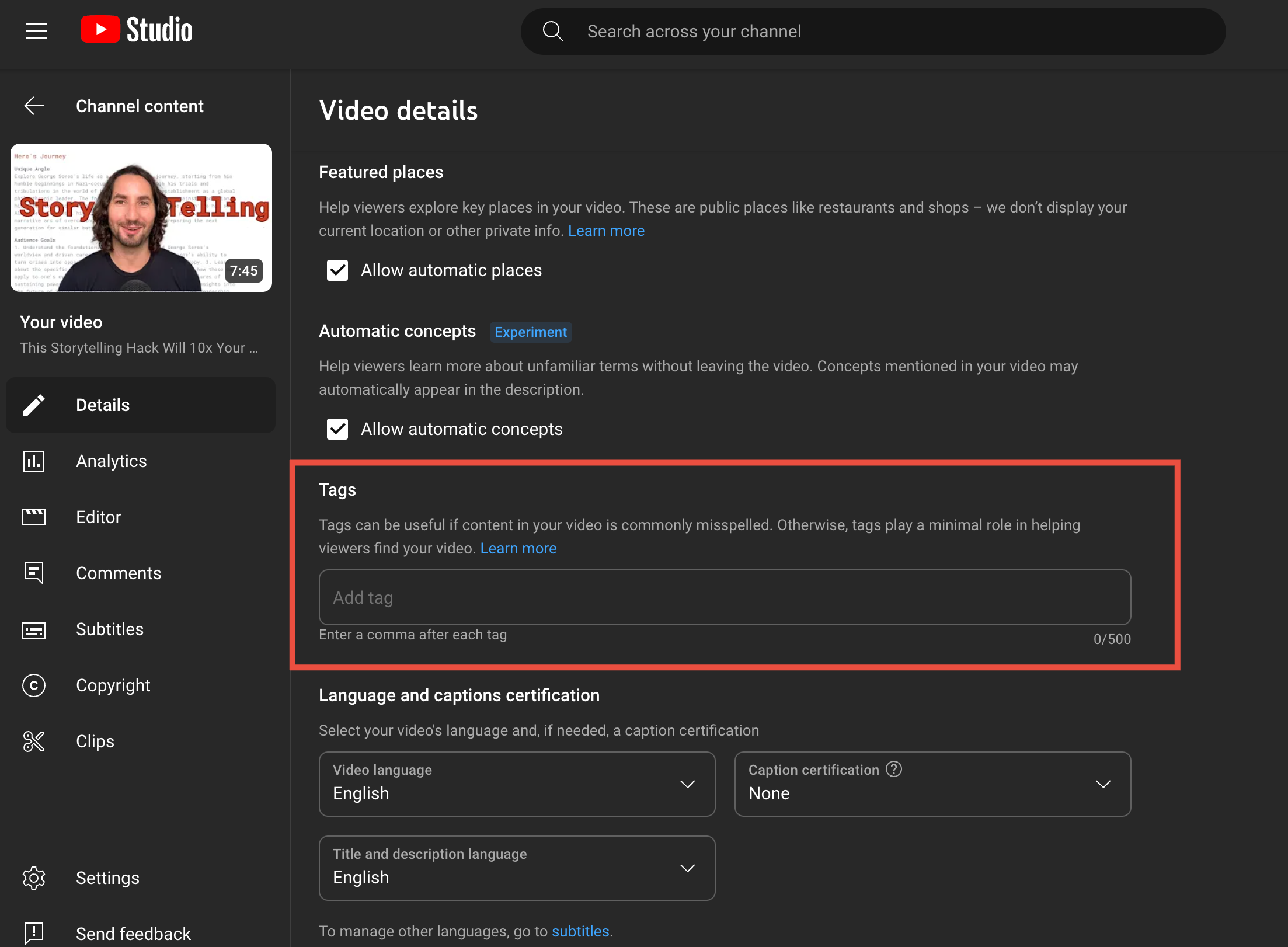 YouTube Studio interface showing the Tags section